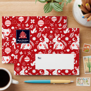 Scandinavian Folk Christmas Tree Bunny Floral Red Envelope
