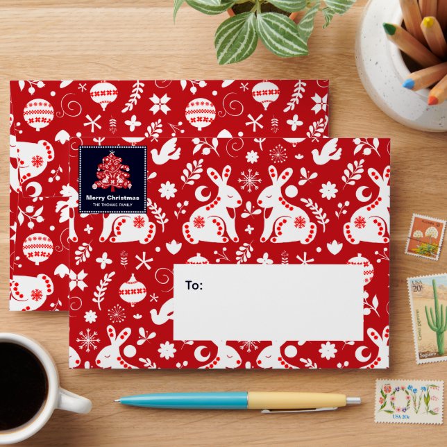 Scandinavian Folk Christmas Tree Bunny Floral Red Envelope (Desk)
