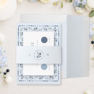 Scandinavian Folk Dusty Blue Wedding Belly Band Invitation Belly Band