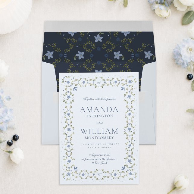Scandinavian Folk Dusty Blue Wedding Invitation (Creator Uploaded)