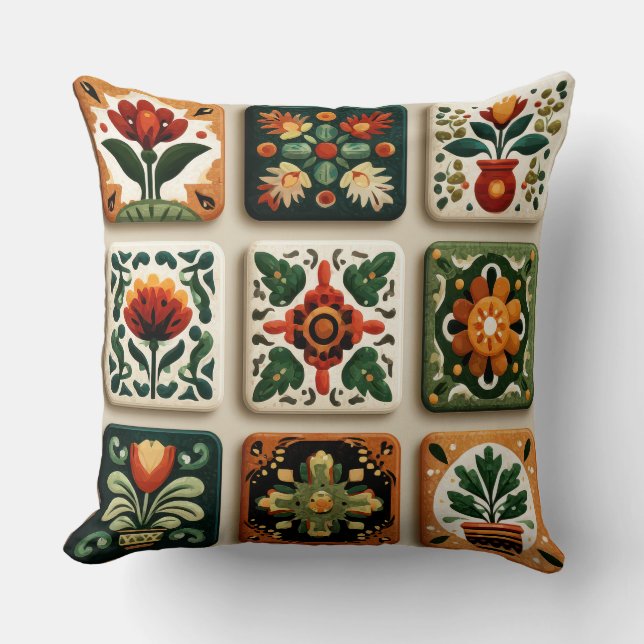 Scandinavian Folk Floral Tile Pattern Throw Pillow (Front)