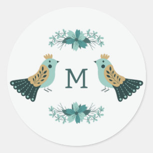 Scandinavian folk motif with birds and flowers classic round sticker