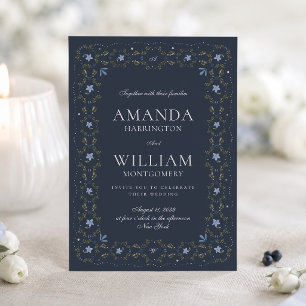 Scandinavian Folk Navy Blue Wedding Invitation