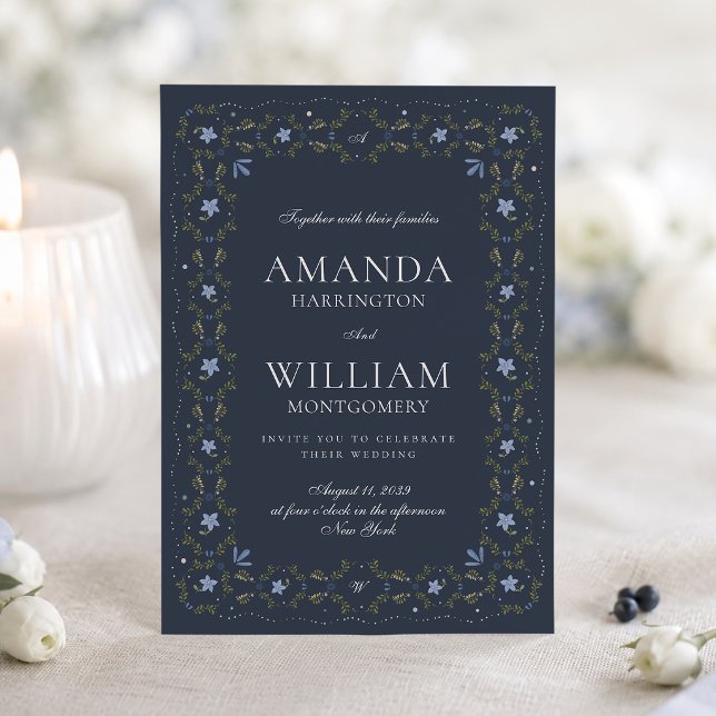 Scandinavian Folk Navy Blue Wedding Invitation (Creator Uploaded)