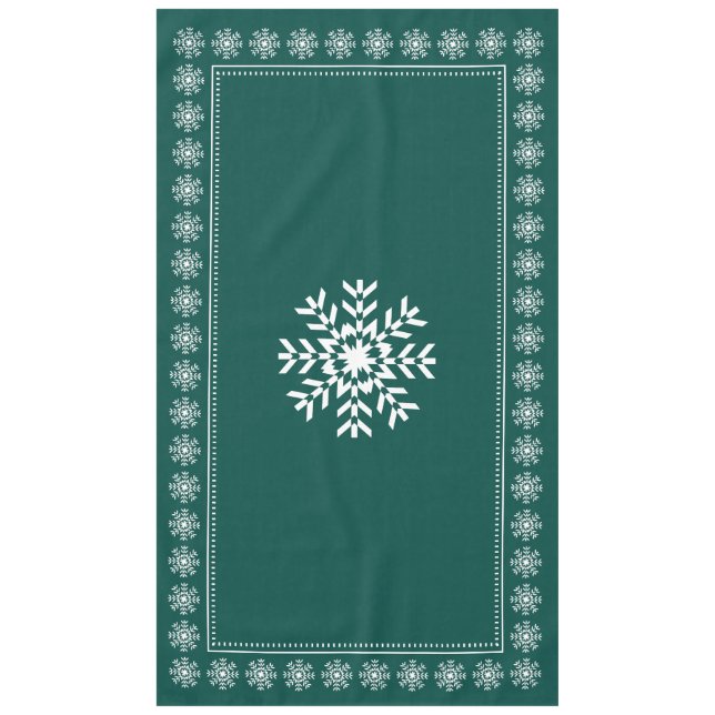 Scandinavian Forest Green and White Snowflake Tablecloth (Front)
