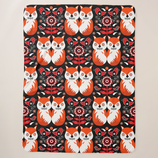 Scandinavian Fox Folk Art Sherpa Blanket (Front)
