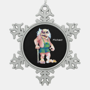 Scandinavian Funny Looking Ogre Troll Snowflake Pewter Christmas Ornament