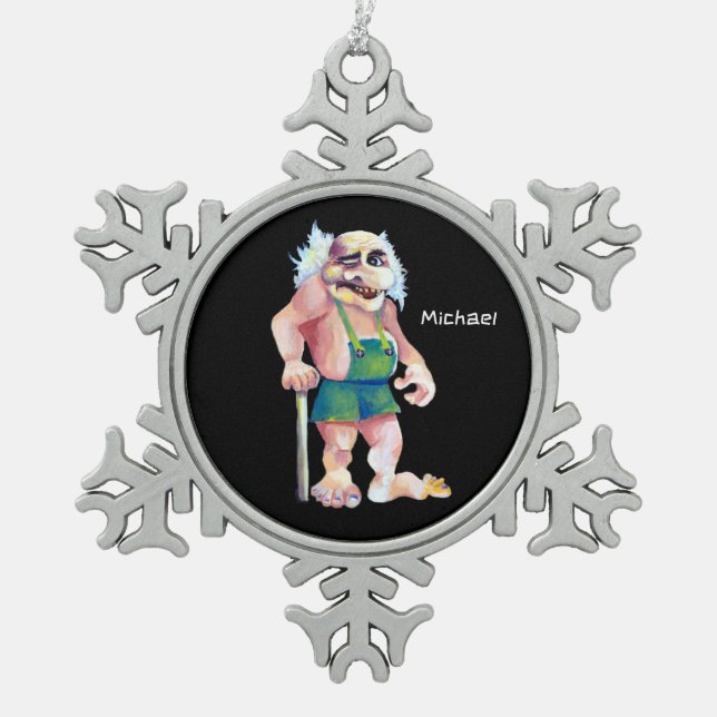 Scandinavian Funny Looking Ogre Troll Snowflake Pewter Christmas Ornament (Front)