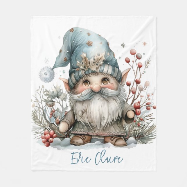 Scandinavian Gnome in Baby Blue Watercolor Fleece Blanket (Front)