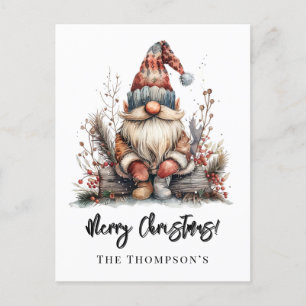 Scandinavian Gnome Sitting on a Log  Holiday Postcard