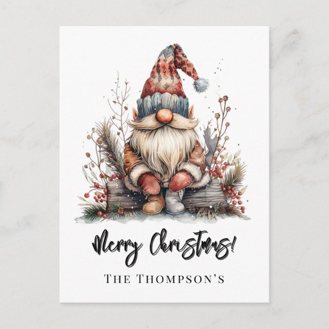 Scandinavian Gnome Sitting on a Log  Holiday Postcard (Front)