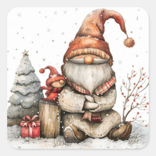 Scandinavian Gnomes Red and Friend Christmas Square Sticker