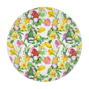 Scandinavian gnomes: spring floral watercolor. cutting board