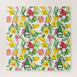 Scandinavian gnomes: spring floral watercolor. jigsaw puzzle