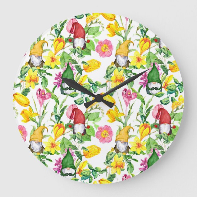 Scandinavian gnomes: spring floral watercolor. large clock (Front)