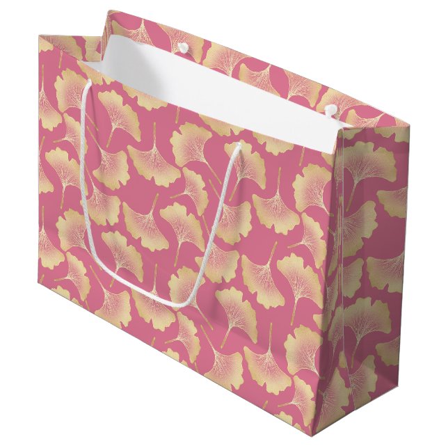 Scandinavian Gold Ginkgo Botanical Pink Pattern Large Gift Bag (Front Angled)