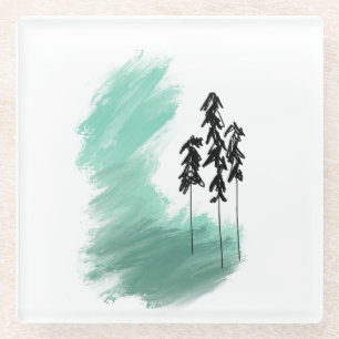 Scandinavian green tree art simple modern mint glass coaster