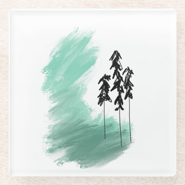 Scandinavian green tree art simple modern mint  glass coaster (Front)