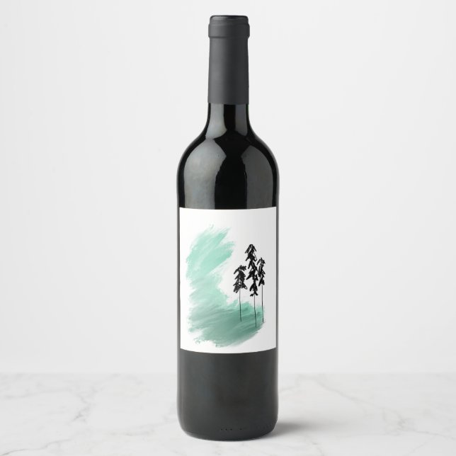 Scandinavian green tree art simple modern mint   wine label (Front)