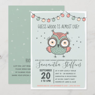 Scandinavian Green Whoo is Due Owl Baby Shower Invitation