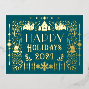 Scandinavian Happy Holidays Year Teal Foil Holiday Postcard