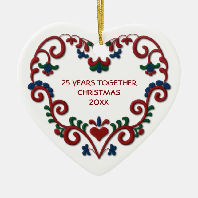 Scandinavian Heart 25 Years Together Photo Ceramic Tree Decoration (Front)