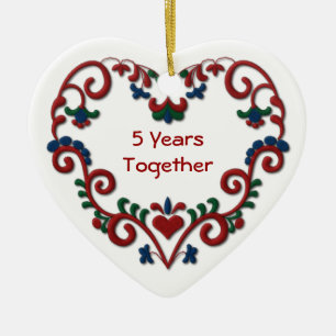 Scandinavian Heart 5 Years Together Anniversary Ceramic Tree Decoration