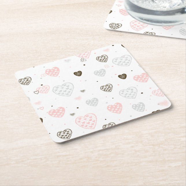 Scandinavian Hearts Pattern Square Paper Coaster (Angled)