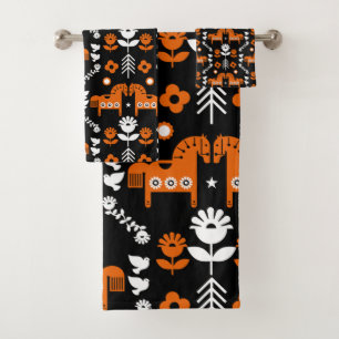 Scandinavian Horse Folk Art Bath Towel Set
