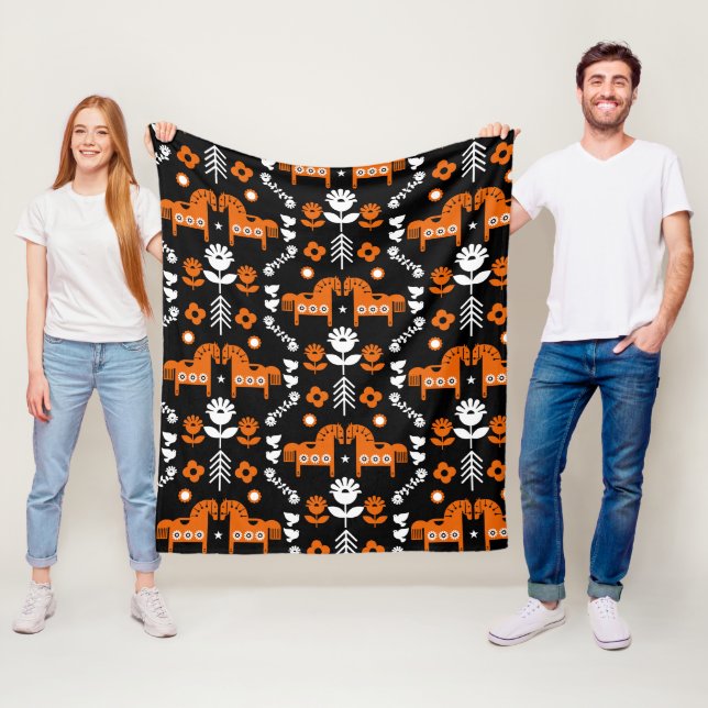 Scandinavian Horse Folk Art Fleece Blanket (In Situ)