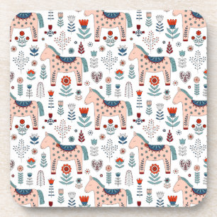 Scandinavian Horse Folk Art Pattern Coaster