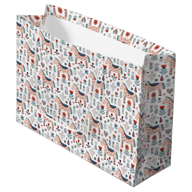 Scandinavian Horse Folk Art Pattern Large Gift Bag (Front Angled)