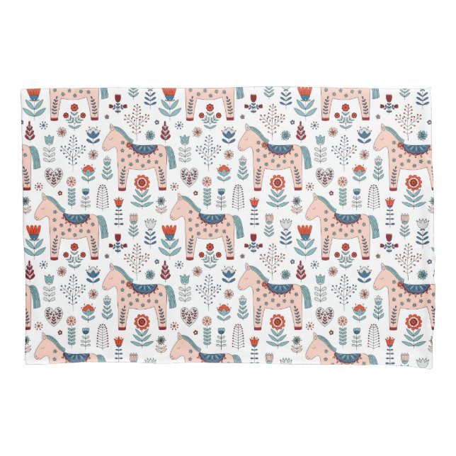 Scandinavian Horse Folk Art Pattern Pillowcase (Front-Left)