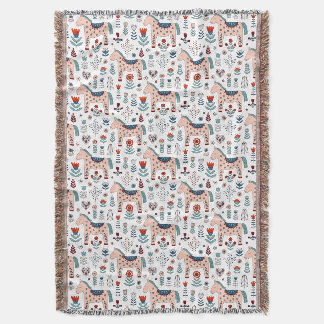 Scandinavian Horse Folk Art Pattern Throw Blanket (Front Vertical)