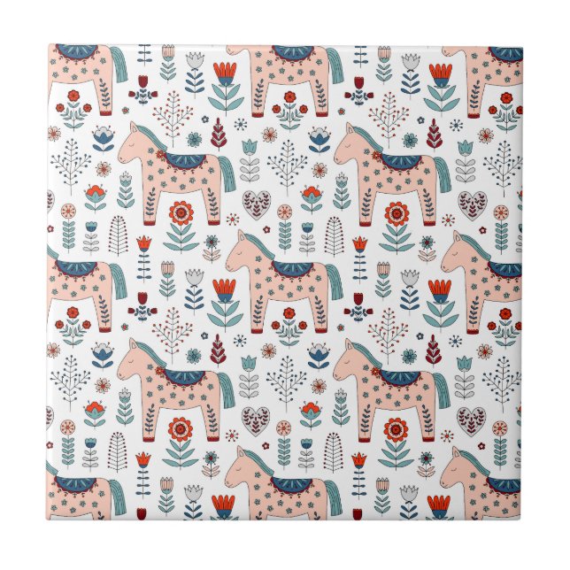 Scandinavian Horse Folk Art Pattern Tile (Front)