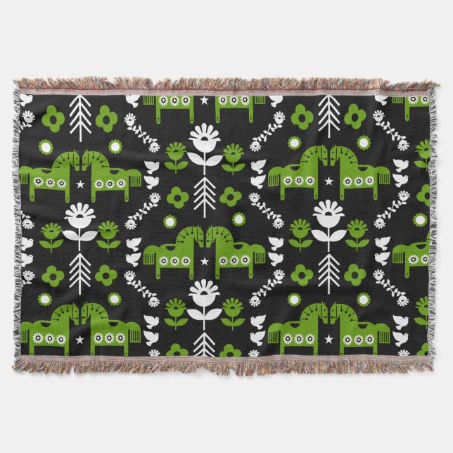 Scandinavian Horse Folk Art Throw Blanket (Front)