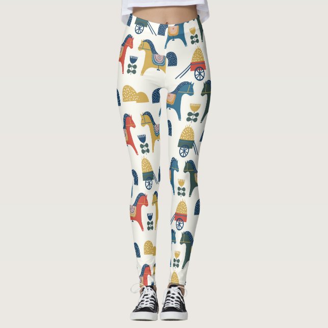 Scandinavian Horses: Colourful Folk Art Leggings (Front)