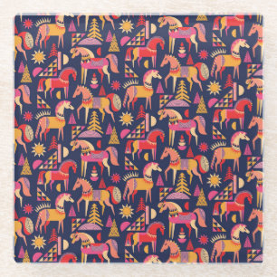 Scandinavian Horses: Decorative Seamless Design Glass Coaster