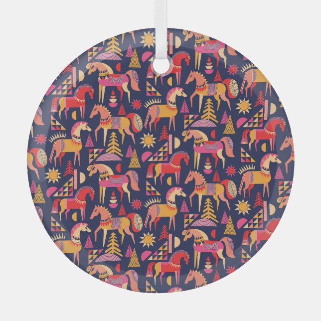 Scandinavian Horses: Decorative Seamless Design Glass Tree Decoration (Front)