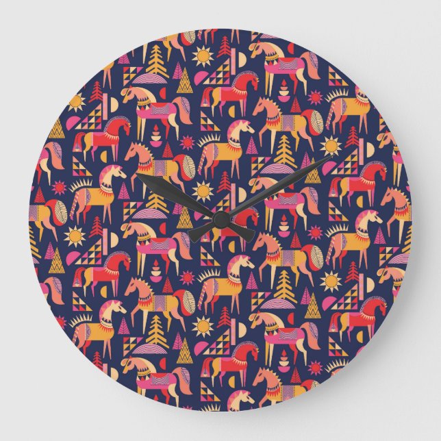 Scandinavian Horses: Decorative Seamless Design Large Clock (Front)