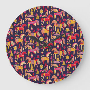 Scandinavian Horses: Decorative Seamless Design Large Clock