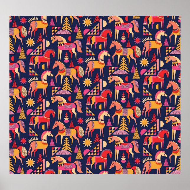Scandinavian Horses: Decorative Seamless Design Poster (Front)