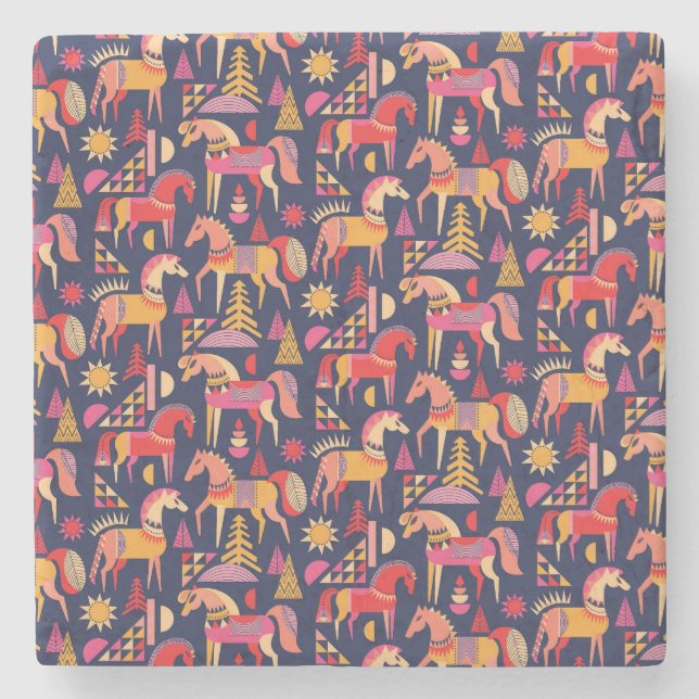 Scandinavian Horses: Decorative Seamless Design Stone Coaster (Front)