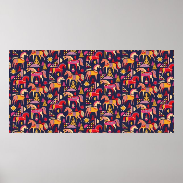 Scandinavian horses pattern seamless design. Decor (Front)