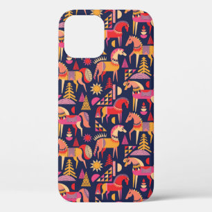 Scandinavian horses pattern seamless design. Decor iPhone 12 Case