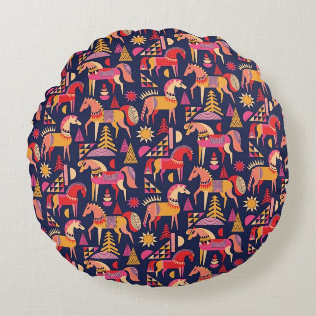 Scandinavian horses pattern seamless design. Decor Round Cushion (Front)