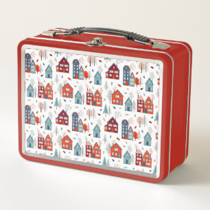 Scandinavian House Folk Art Pattern Metal Lunch Box