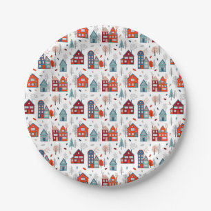 Scandinavian House Folk Art Pattern Paper Plate