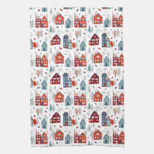 Scandinavian House Folk Art Pattern Tea Towel