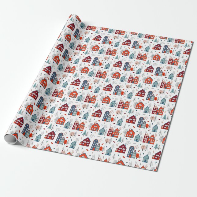 Scandinavian House Folk Art Pattern Wrapping Paper (Unrolled)
